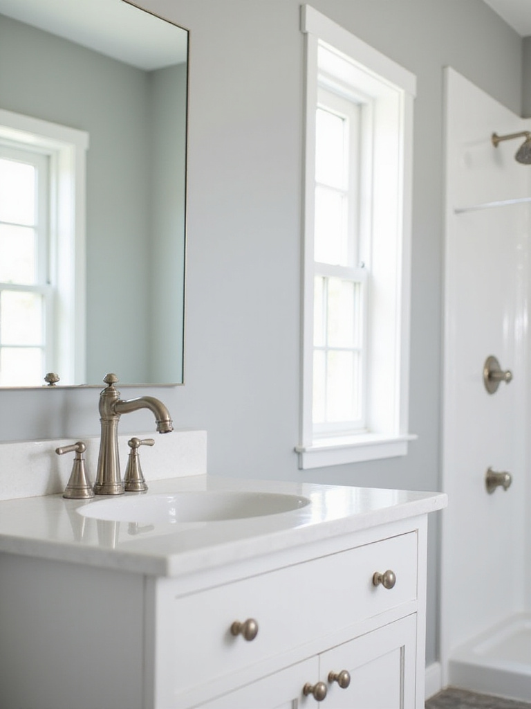Updated bathroom with brushed nickel faucet and cabinet hardware, and a chrome showerhead.