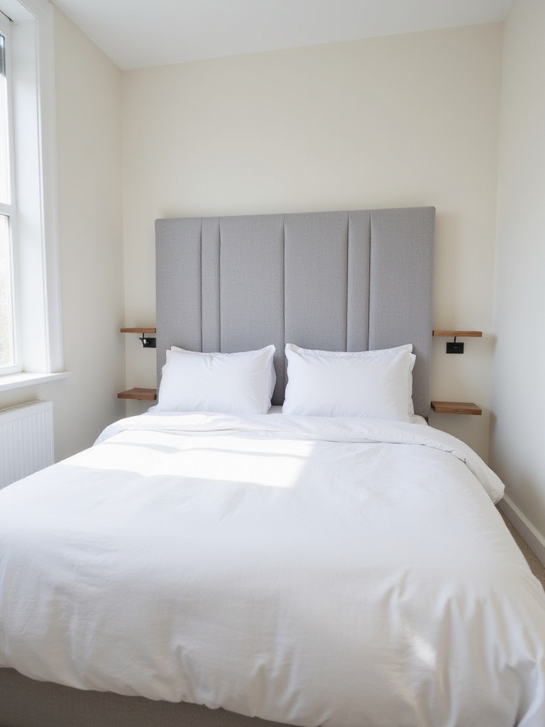 Small bedroom design featuring a tall, light-gray upholstered headboard with subtle vertical channels.