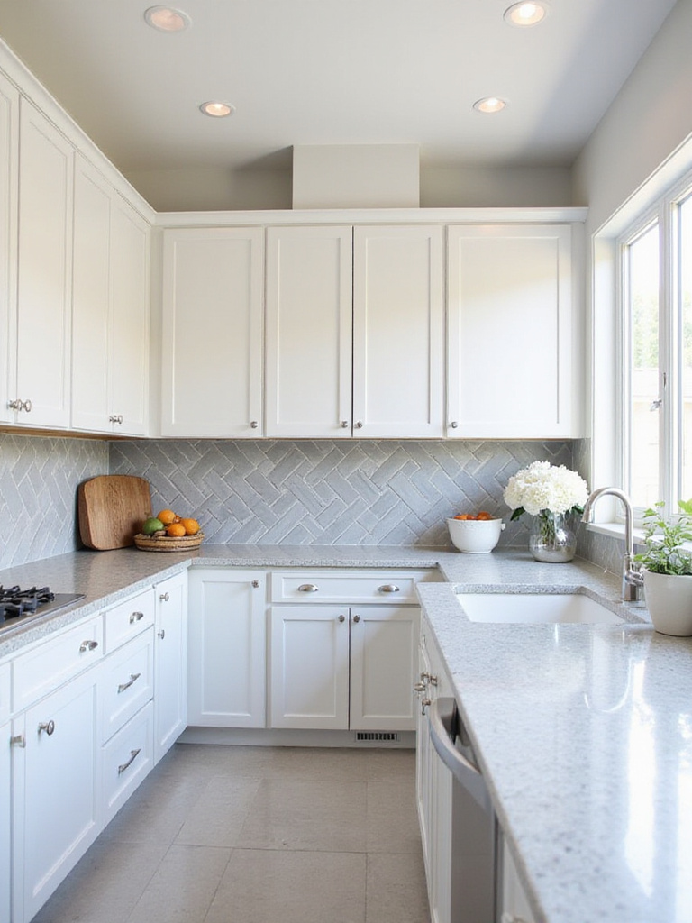 Modern kitchen with light gray herringbone tile backsplash.