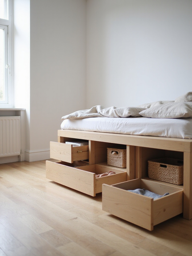 Small bedroom with platform bed showcasing under-bed storage drawers and woven bins.