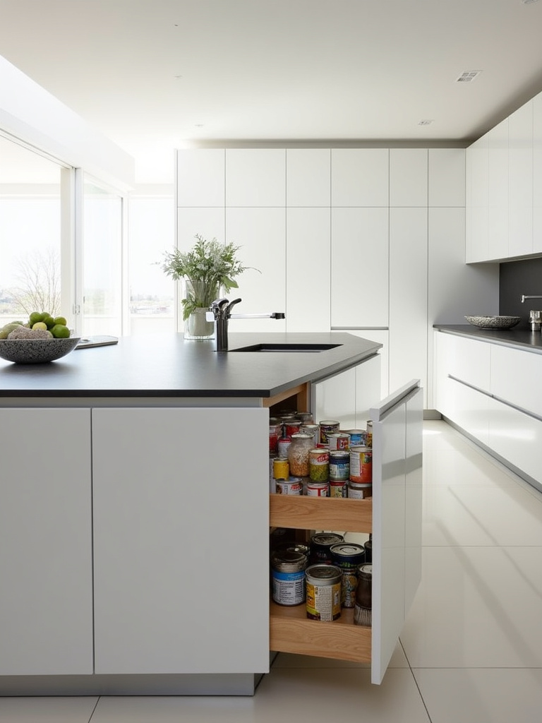 Modern kitchen with hidden knife block and pull-out pantry for decluttered countertops