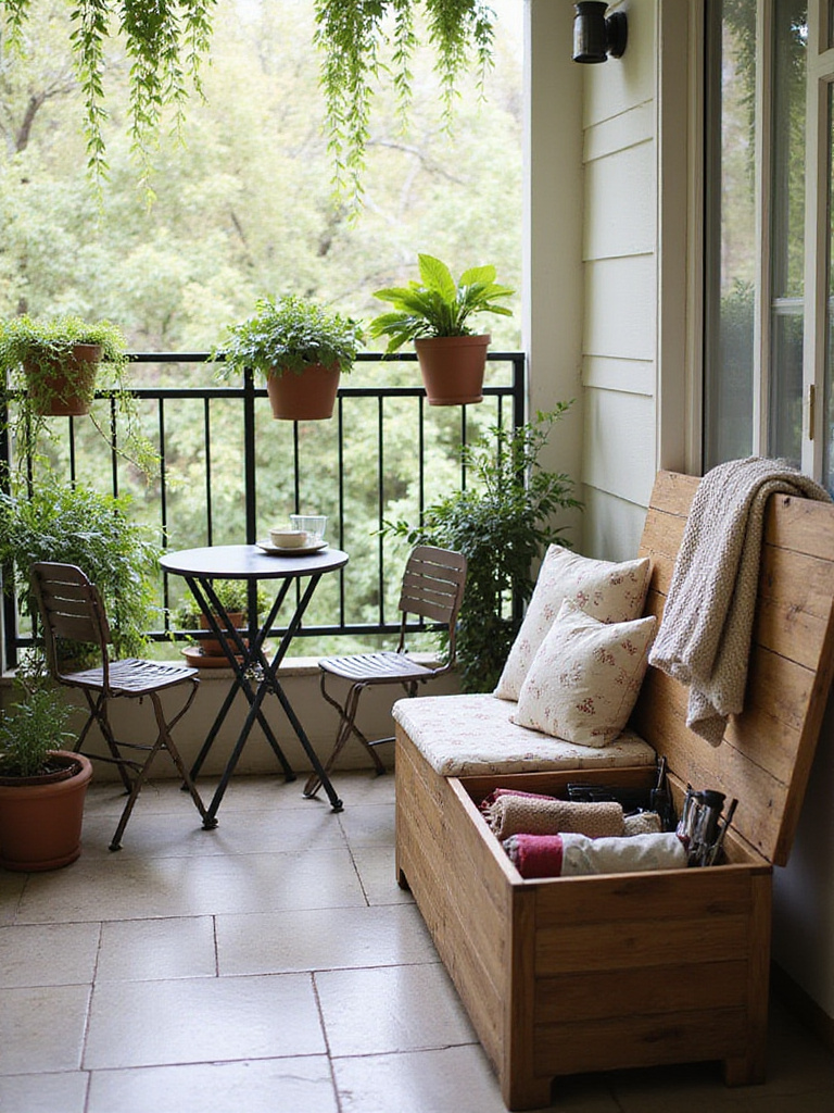 Apartment balcony featuring a teak storage bench, potted plants, and bistro set, creating a tidy and inviting outdoor space.