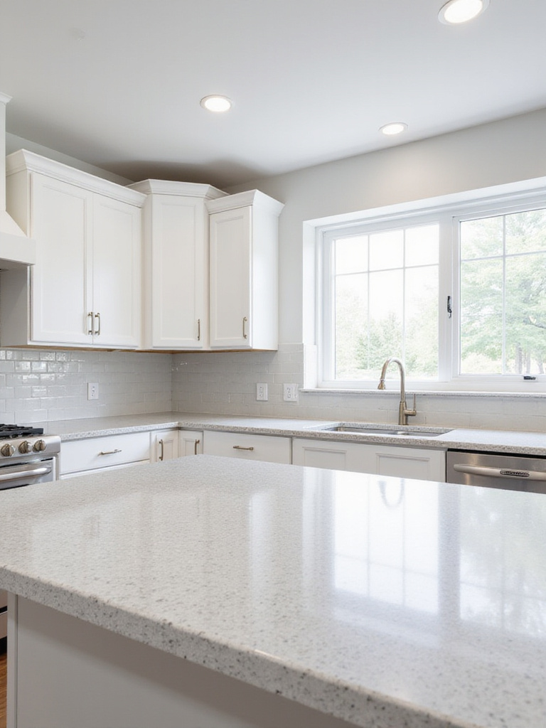 Kitchen with white cabinets and honed gray granite countertops.