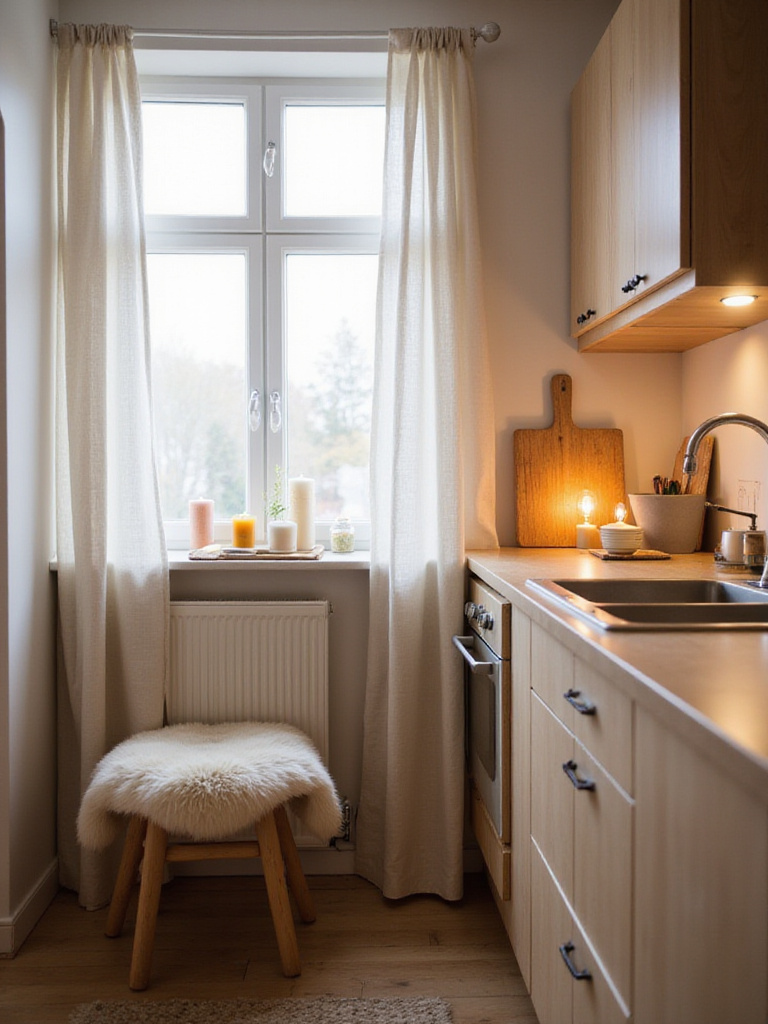 Scandinavian kitchen with warm lighting and soft textiles creating a cozy hygge atmosphere.