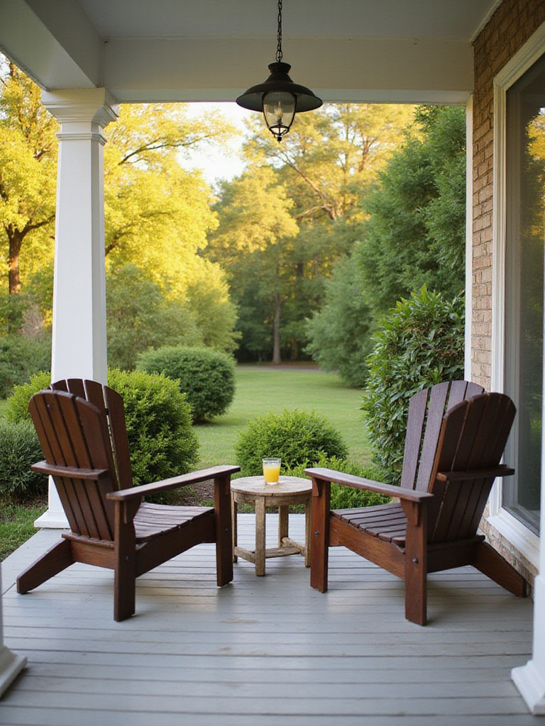 Two classic Adirondack chairs on a porch, inviting relaxation and outdoor enjoyment.