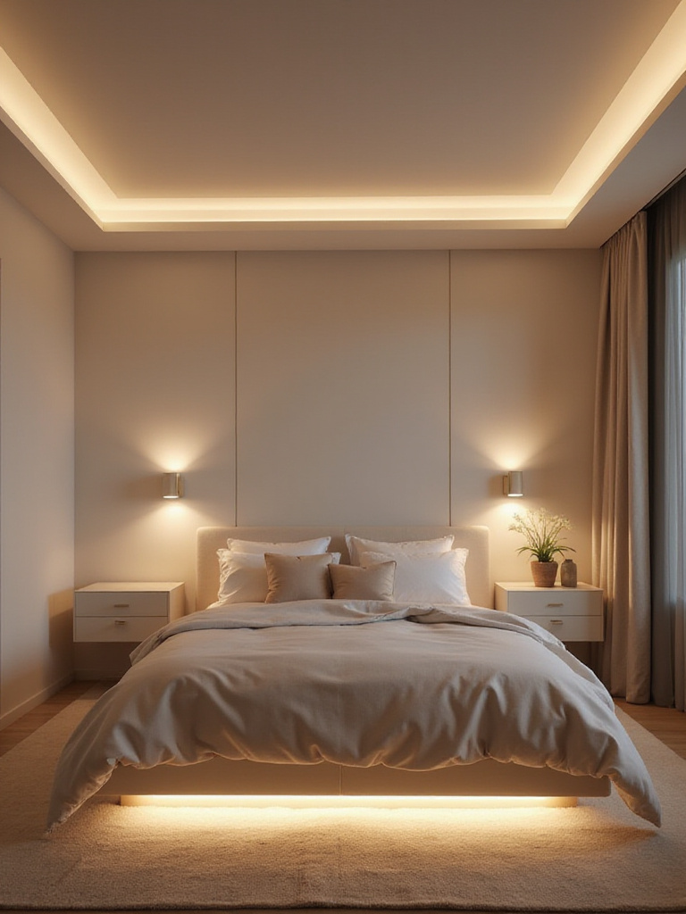 Small bedroom design with smart lighting solutions: LED strip lights under bed, wall sconces, and recessed lighting.