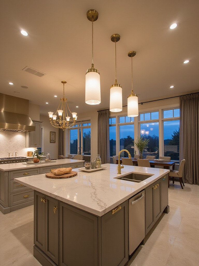 Luxury kitchen with layered lighting: pendant lights over island, chandelier in dining area, recessed lighting, and under-cabinet lighting.