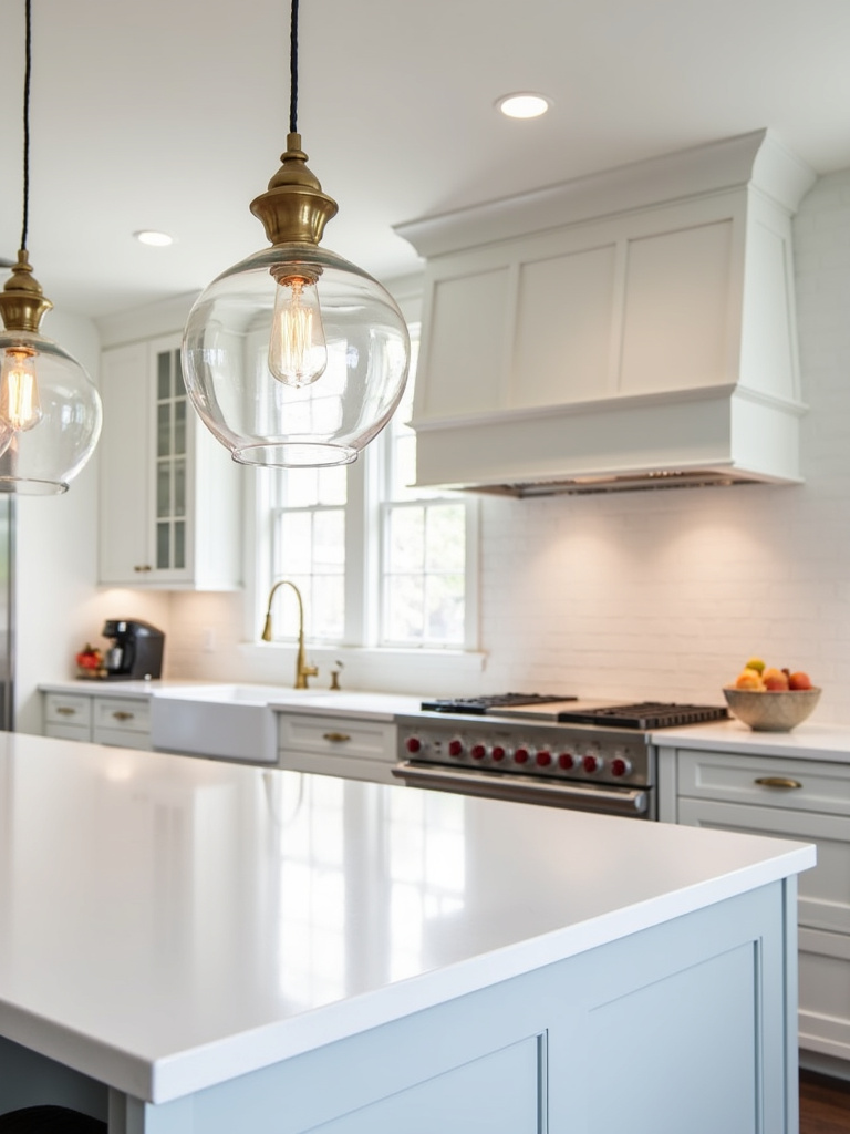 Modern kitchen island with three elegant glass pendant lights
