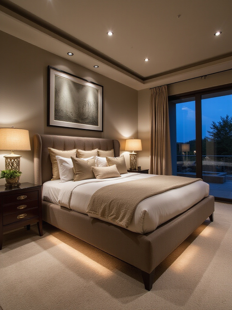 Luxurious bedroom featuring layered lighting with recessed lights, bedside lamps, and accent lighting.