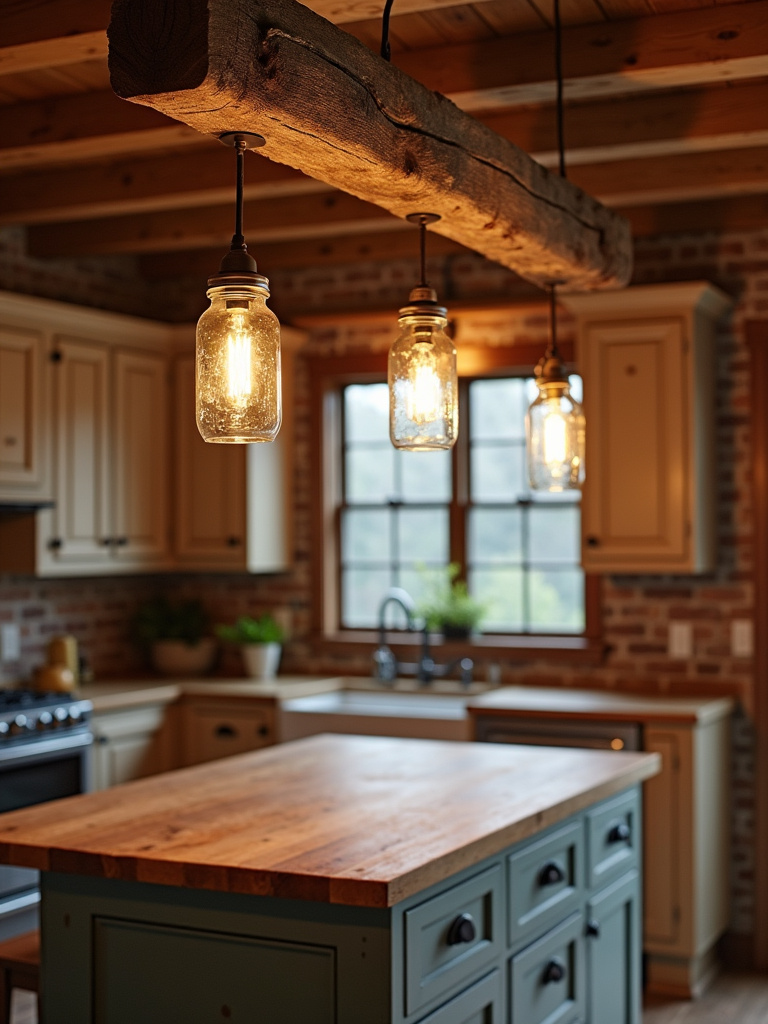 Rustic kitchen island illuminated by mason jar pendant lights