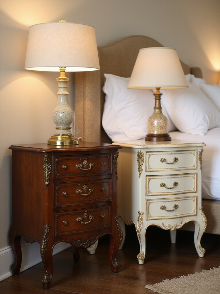 Antique nightstands with ornate details add vintage charm to a bedroom