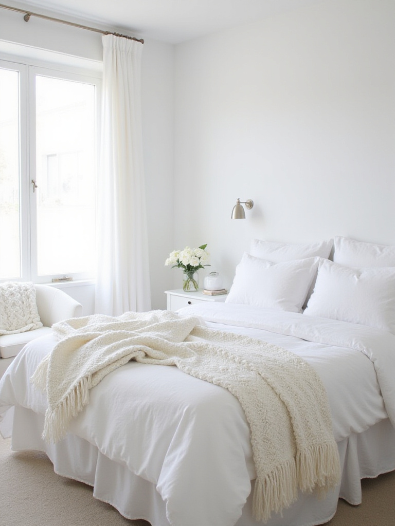 White bedroom with white linen bedding and cozy white knit blankets and throws for added warmth and texture.