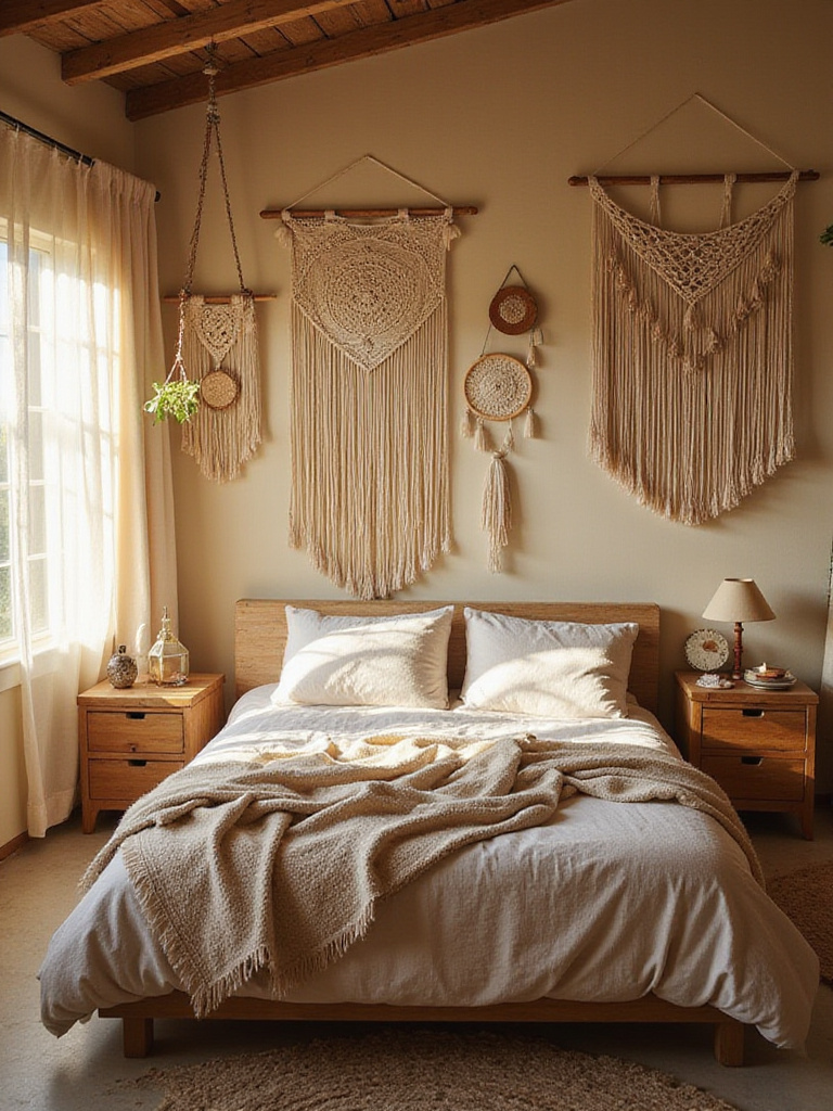 Boho bedroom interior with dream catchers hanging above the bed and on the walls.