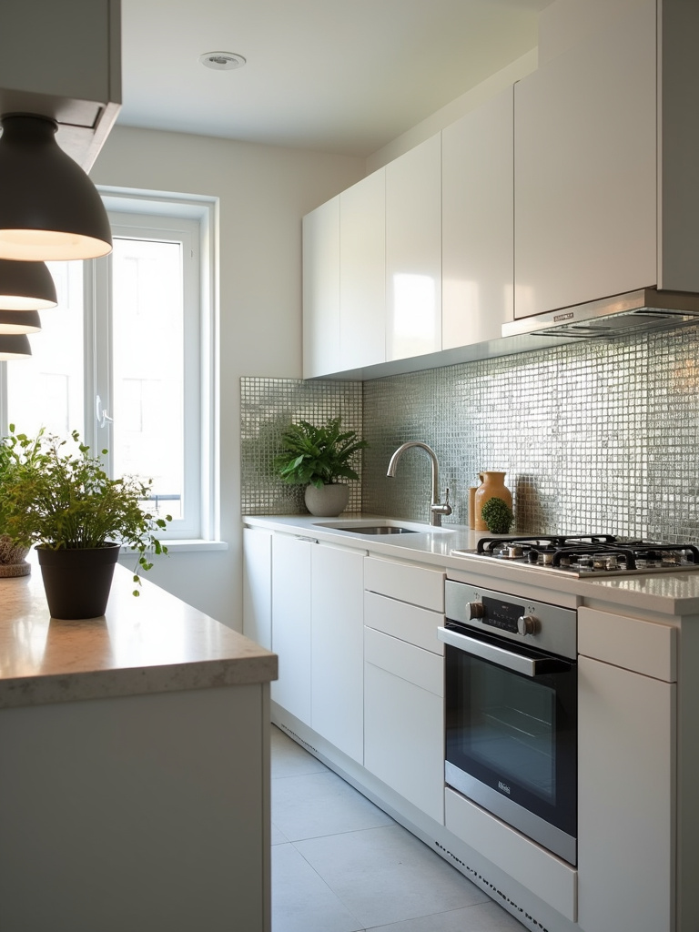 Mirrored backsplash in a modern apartment kitchen reflecting light and creating a sense of spaciousness.