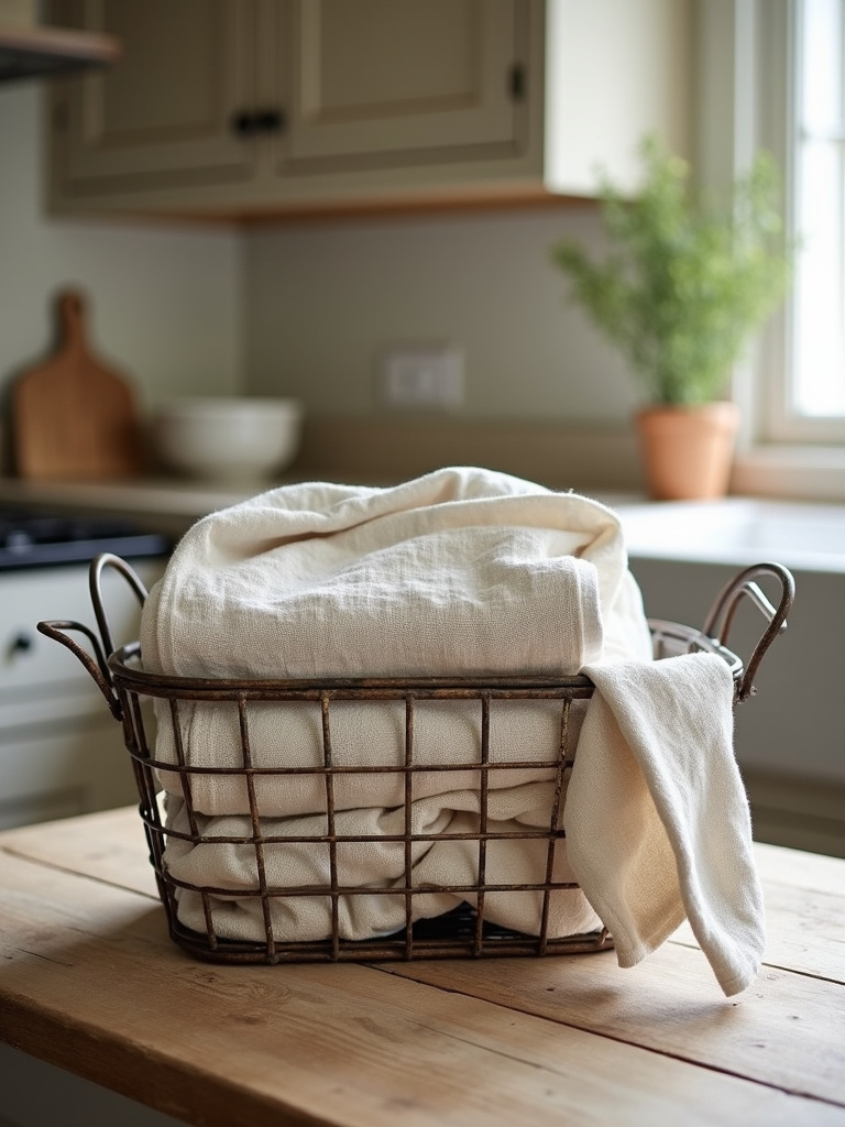 Rustic kitchen countertop with linen kitchen towels in a wire basket and hanging from a hook.
