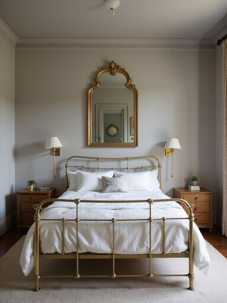 Vintage bedroom with brass bed frame, gold mirror, and brass lamps.