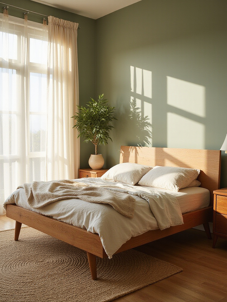 Cozy bedroom with warm oak wood bed frame, linen bedding, and jute rug.