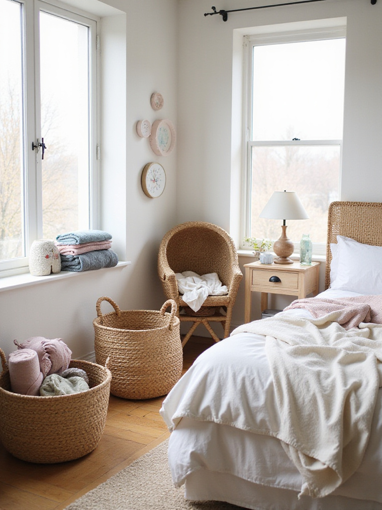 Cozy bedroom with woven baskets used for stylish storage.