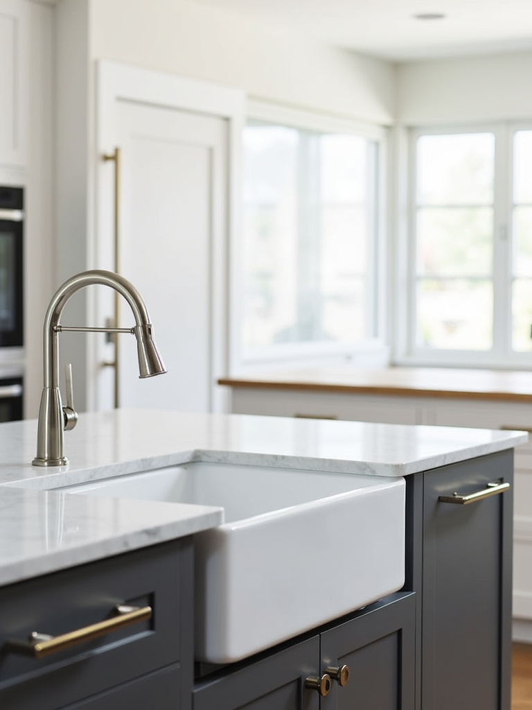 Modern kitchen with white farmhouse sink and gray island