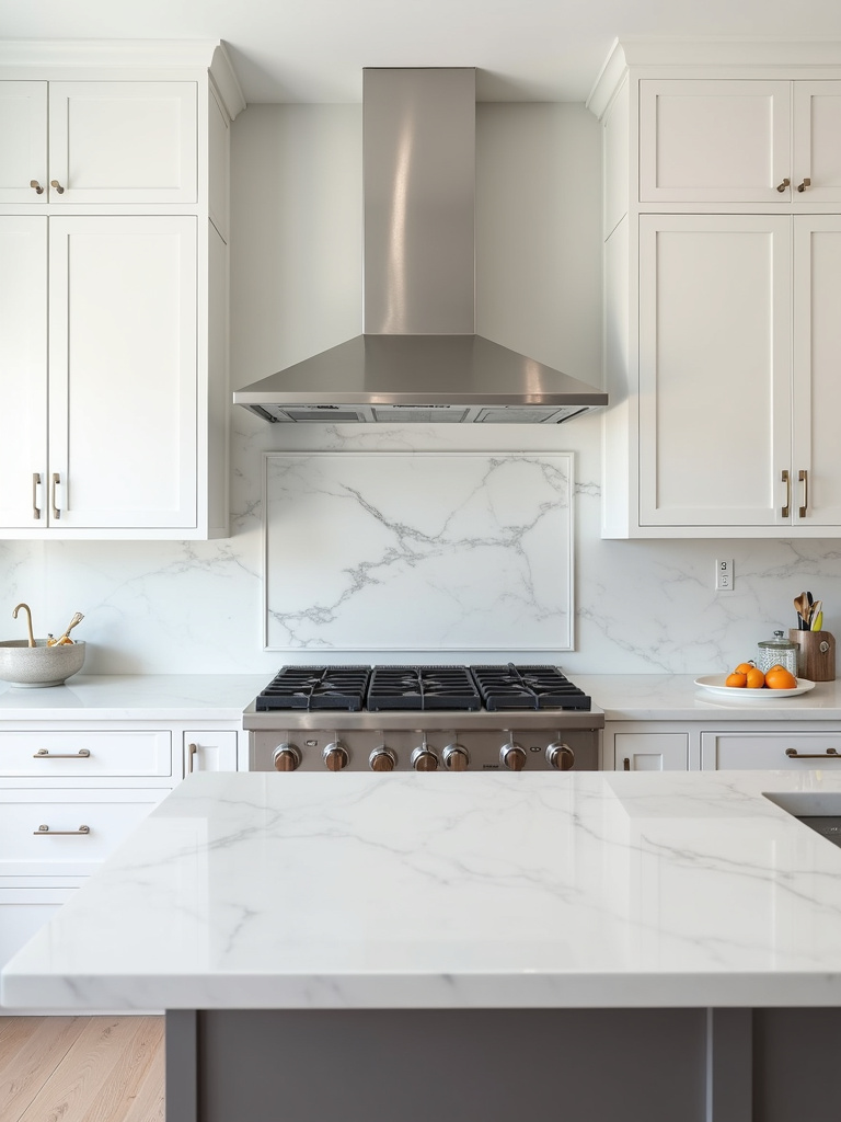 Modern kitchen design featuring marble slab backsplash
