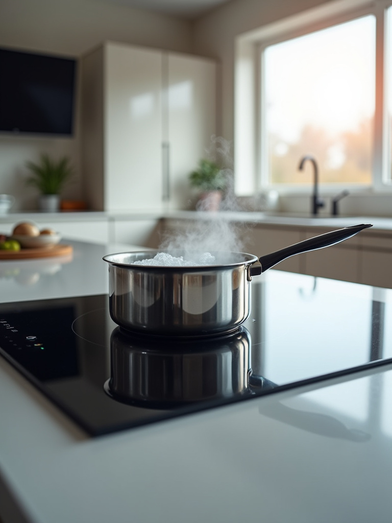 Modern induction cooktop boiling water quickly in a contemporary kitchen.