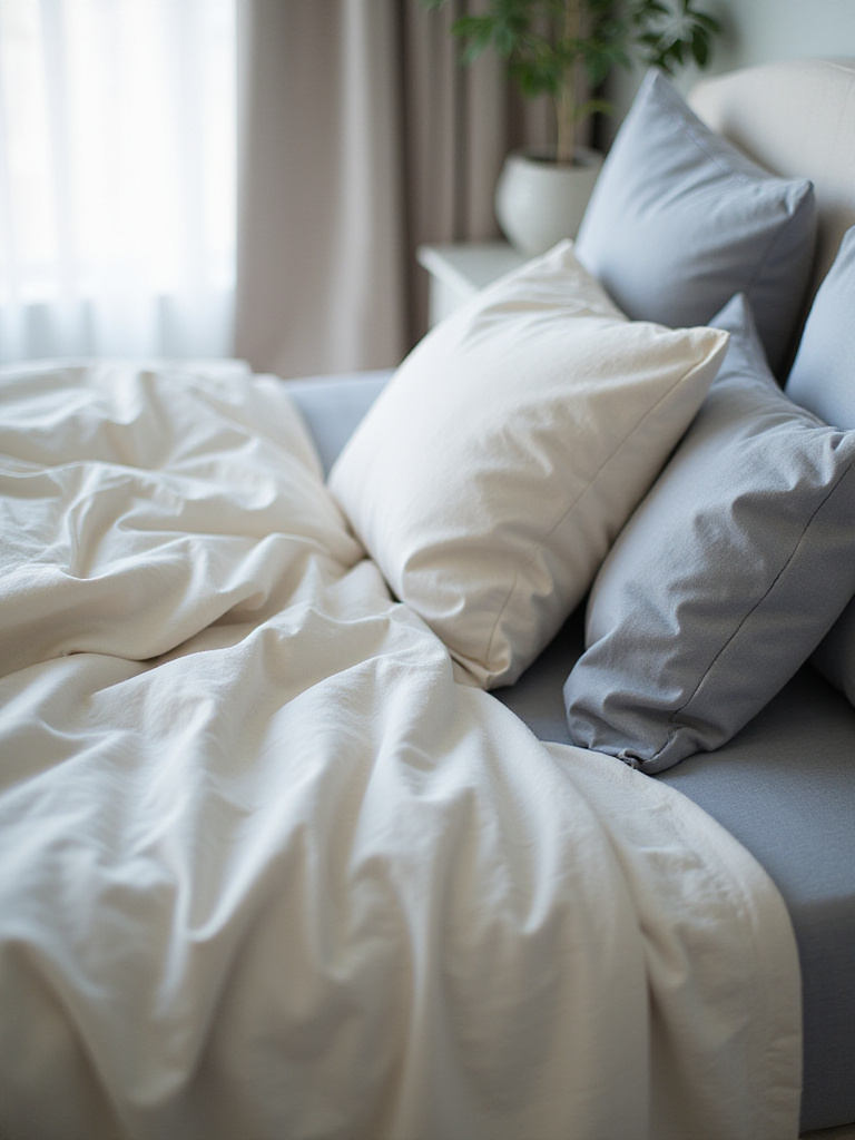 Luxurious high thread count bedding in neutral colors on a perfectly made bed.