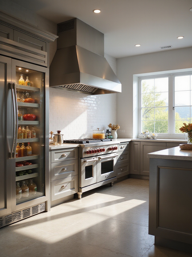 Luxury kitchen featuring professional-grade stainless steel appliances including range, refrigerator, and vent hood.