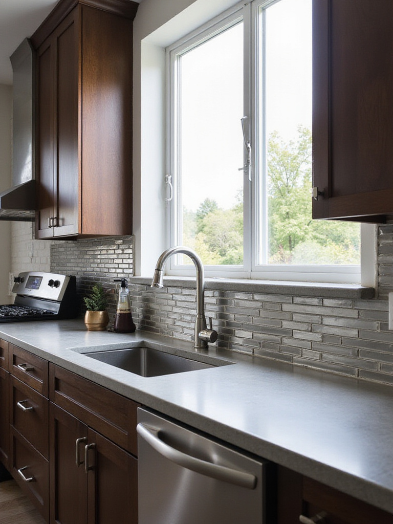 Modern kitchen with stainless steel subway tile backsplash