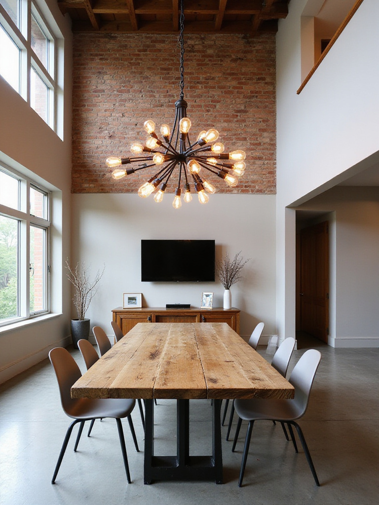 Industrial dining room with bold metal chandelier and reclaimed wood table.