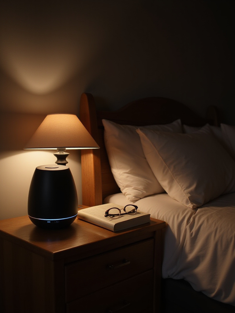 Cozy bedroom with a diffuser on a nightstand creating a relaxing atmosphere