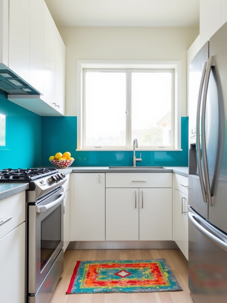 Modern kitchen with white cabinets and turquoise backsplash