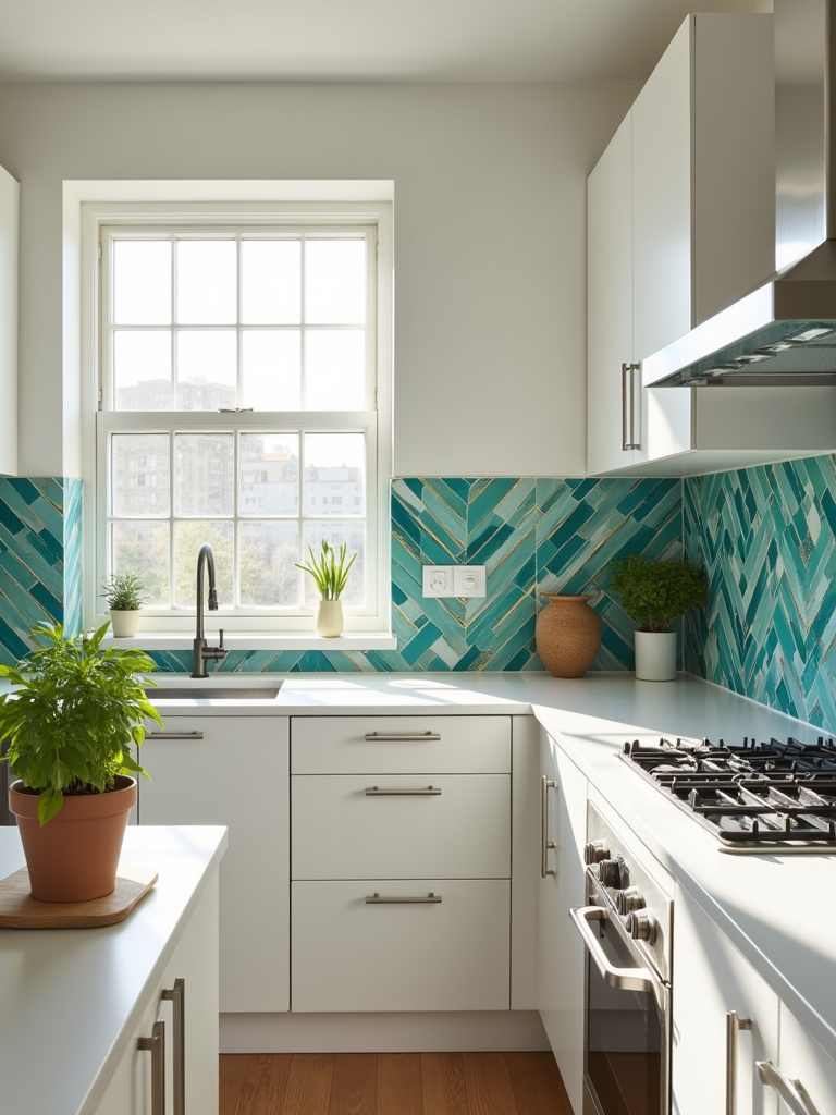 Apartment kitchen with vibrant geometric peel-and-stick backsplash