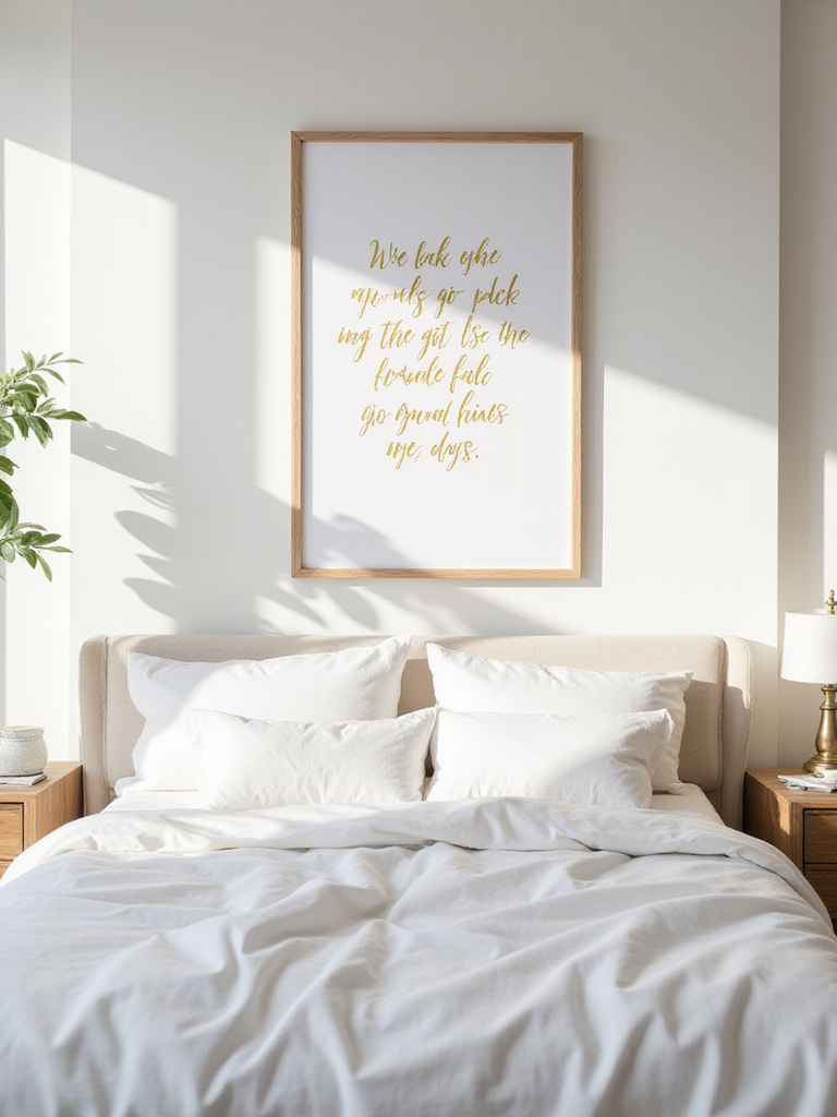 Bedroom wall decorated with a framed motivational quote art piece above the bed.
