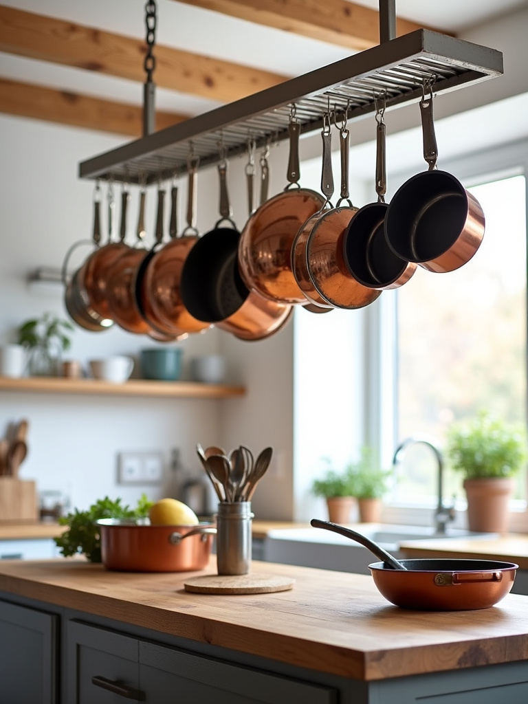 Ceiling-mounted pot rack with copper cookware in a modern apartment kitchen.