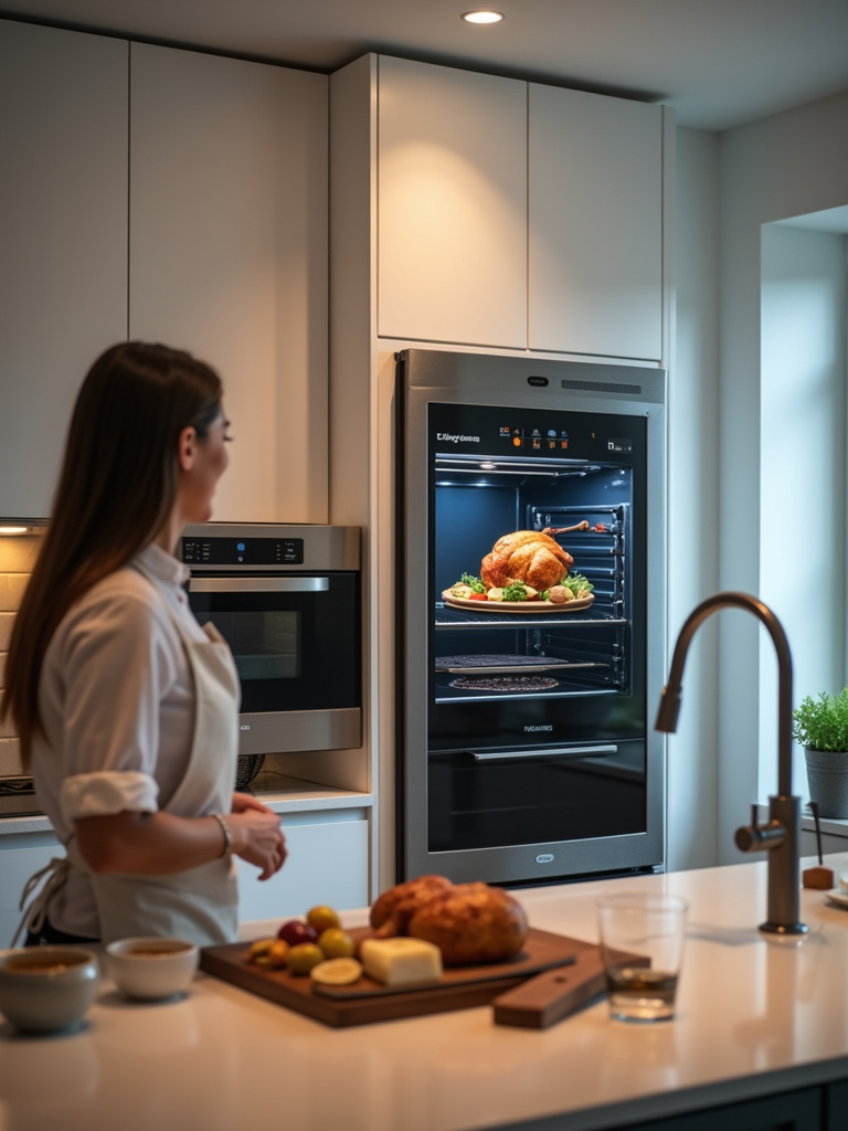Modern smart kitchen with integrated technology, including smart refrigerator, oven, and lighting.