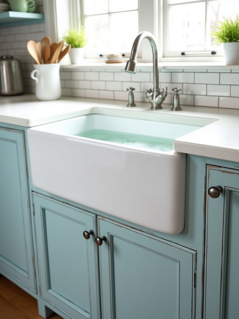 Farmhouse sink with white fireclay apron front integrated into a light blue shaker style base cabinet.