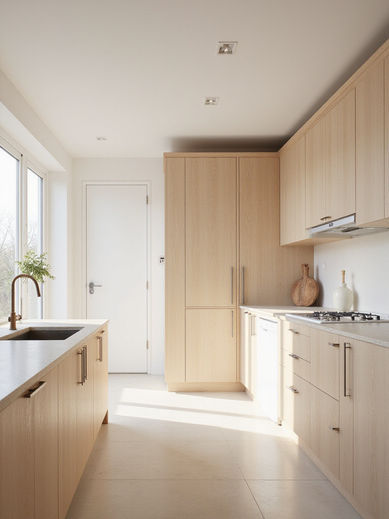 Scandinavian kitchen with integrated refrigerator and dishwasher