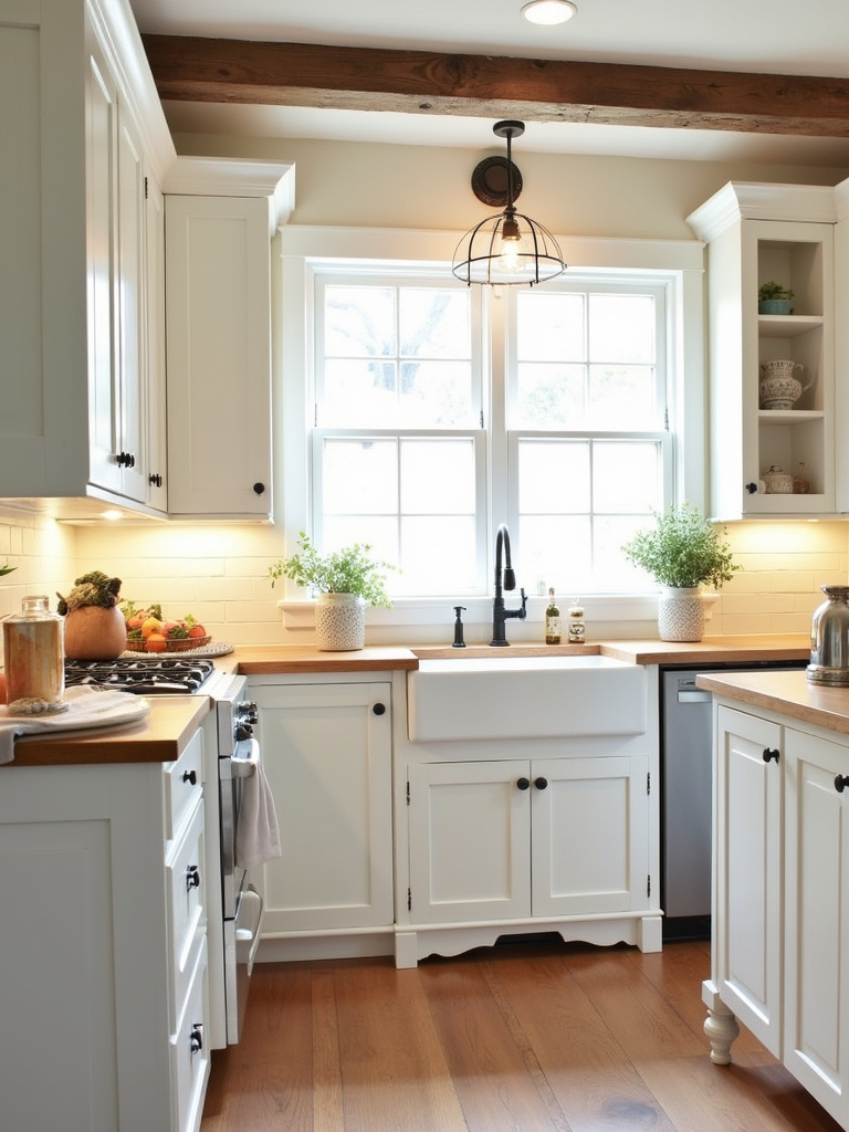 Farmhouse kitchen with white cabinets and decorative furniture-style legs, adding elegance to the space.