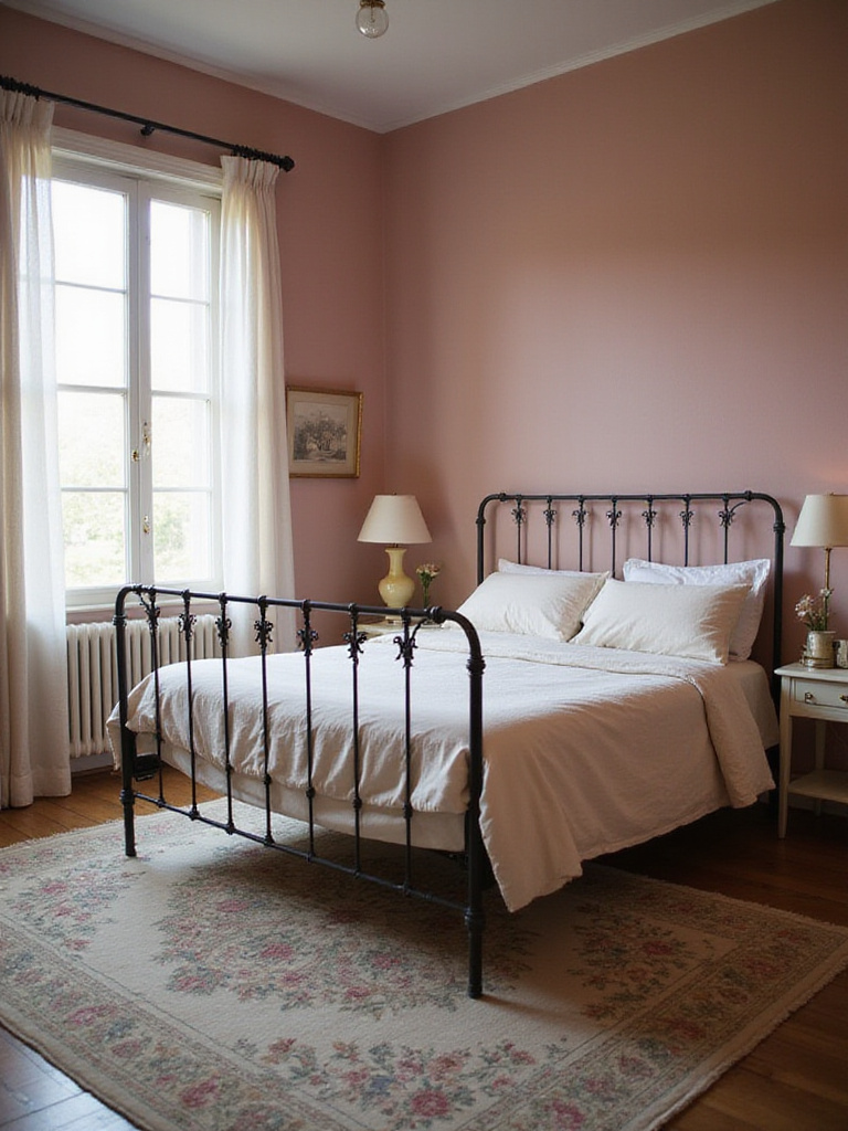 Vintage bedroom with muted pastel colors including dusty rose walls, cream bedding, and a floral rug.