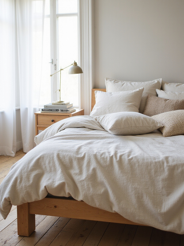 Cozy bedroom featuring wooden bed frame and layered linen bedding.