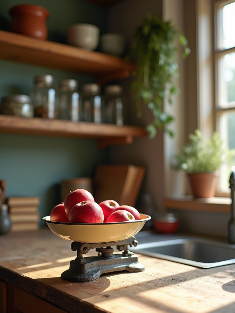 Vintage cast iron kitchen scale with red apples in a rustic farmhouse kitchen.