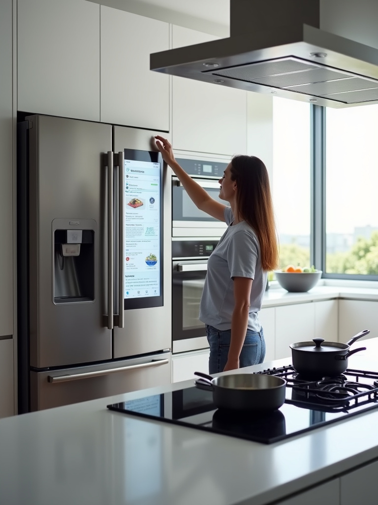 Modern kitchen featuring smart appliances including a smart refrigerator, oven, and induction cooktop.