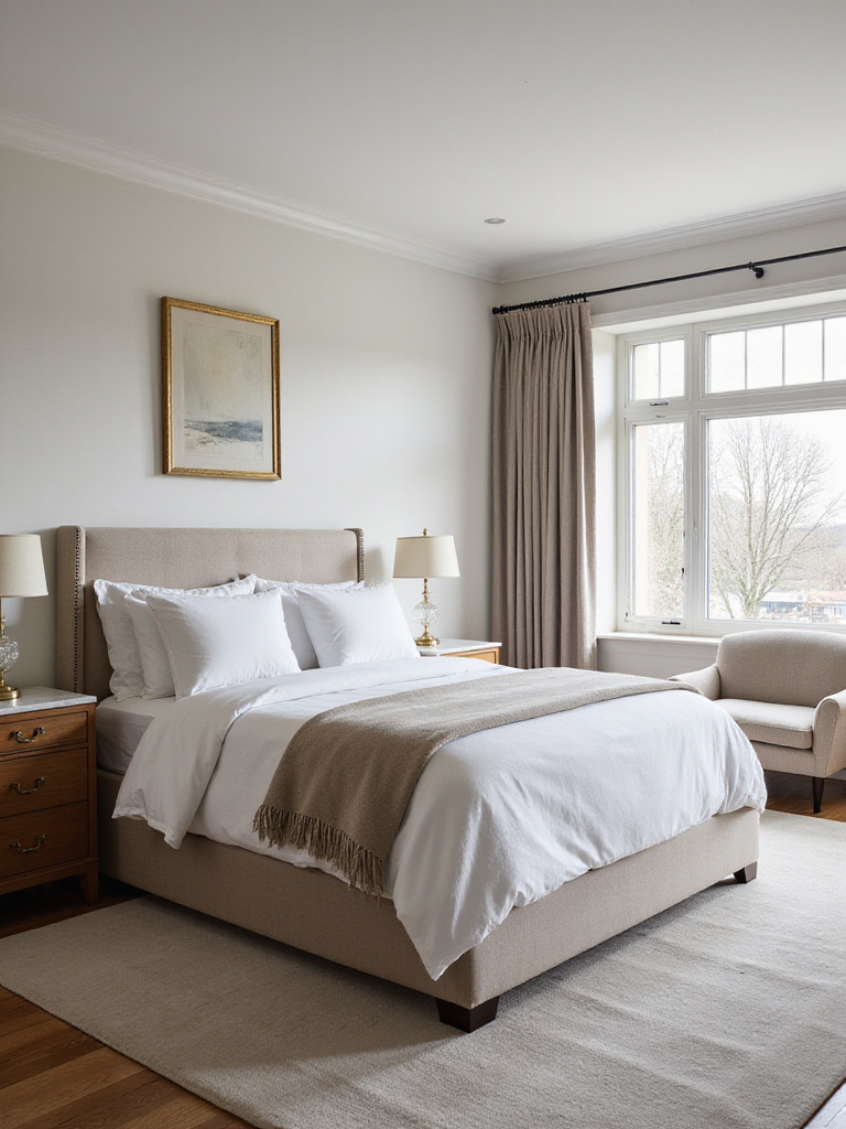 Luxury bedroom with curated, timeless furniture pieces, including a platform bed, chaise lounge, and solid wood dresser.