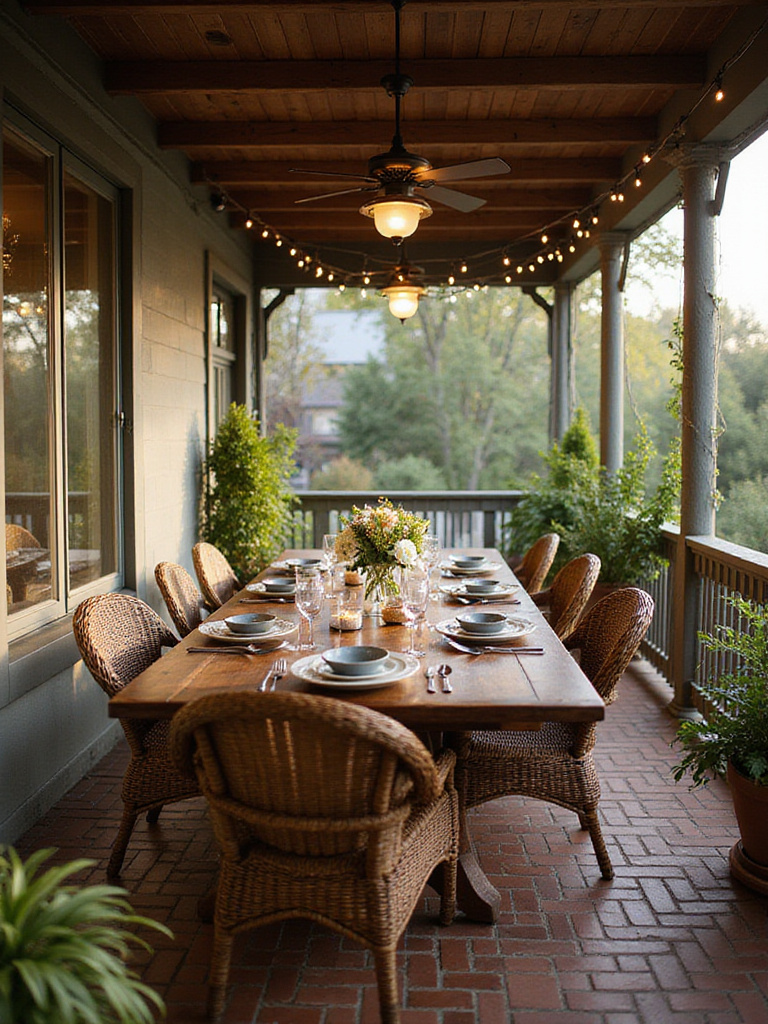 Inviting porch dining table set with wicker chairs and warm lighting.