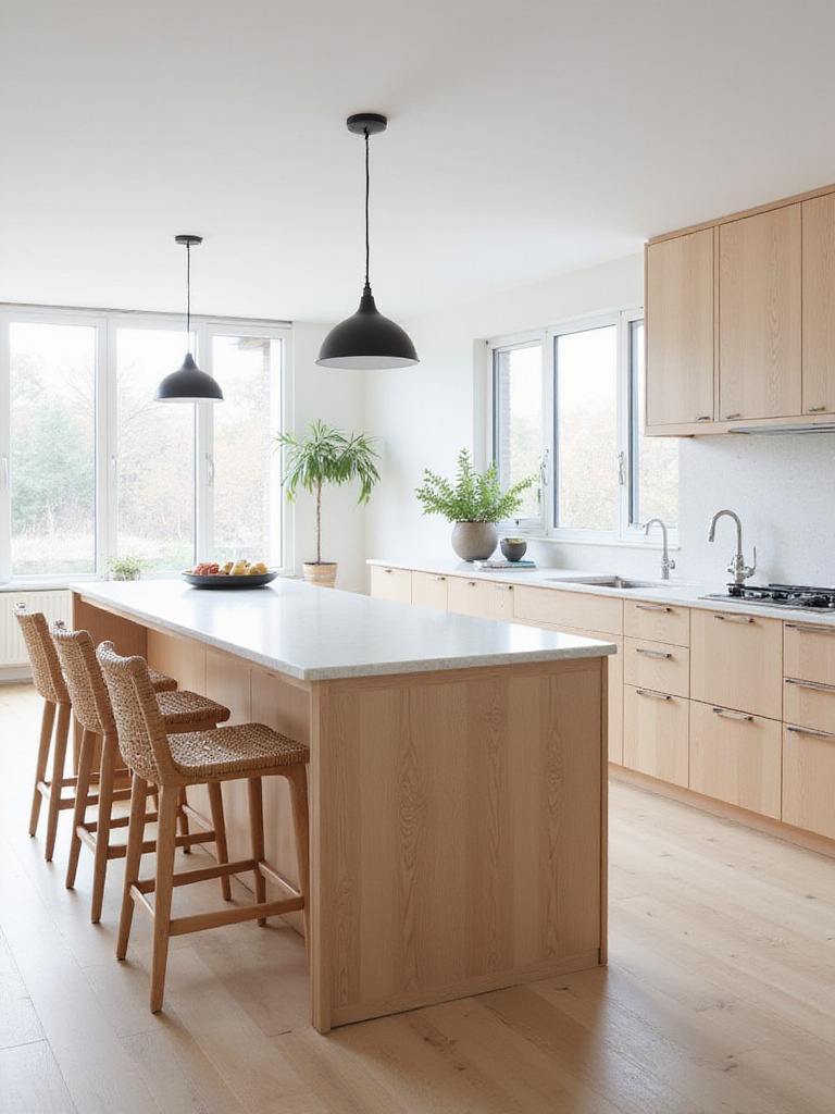 Scandinavian kitchen island with seating, cooktop, and sink, designed for cooking, dining, and socializing.