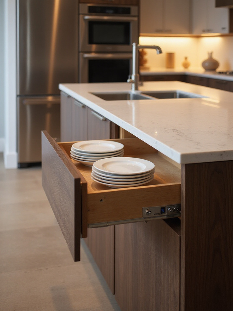 Luxury kitchen warming drawer integrated into kitchen island, keeping plates warm for entertaining.
