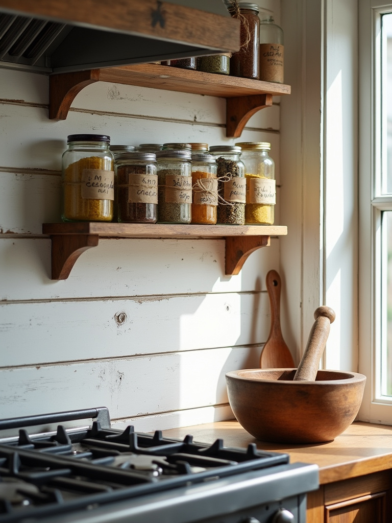 Rustic wooden spice rack filled with colorful spices in a cozy kitchen