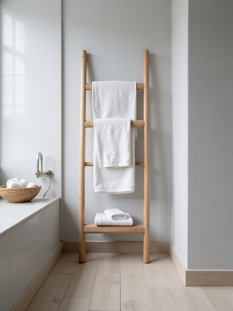 Small bathroom with a wooden towel ladder holding white towels for stylish vertical storage
