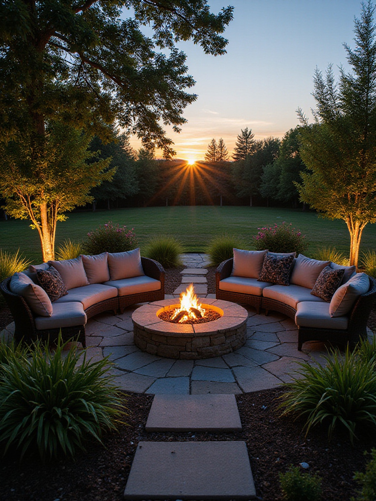 Backyard firepit surrounded by lush landscaping with ornamental grasses and flowering shrubs at dusk.