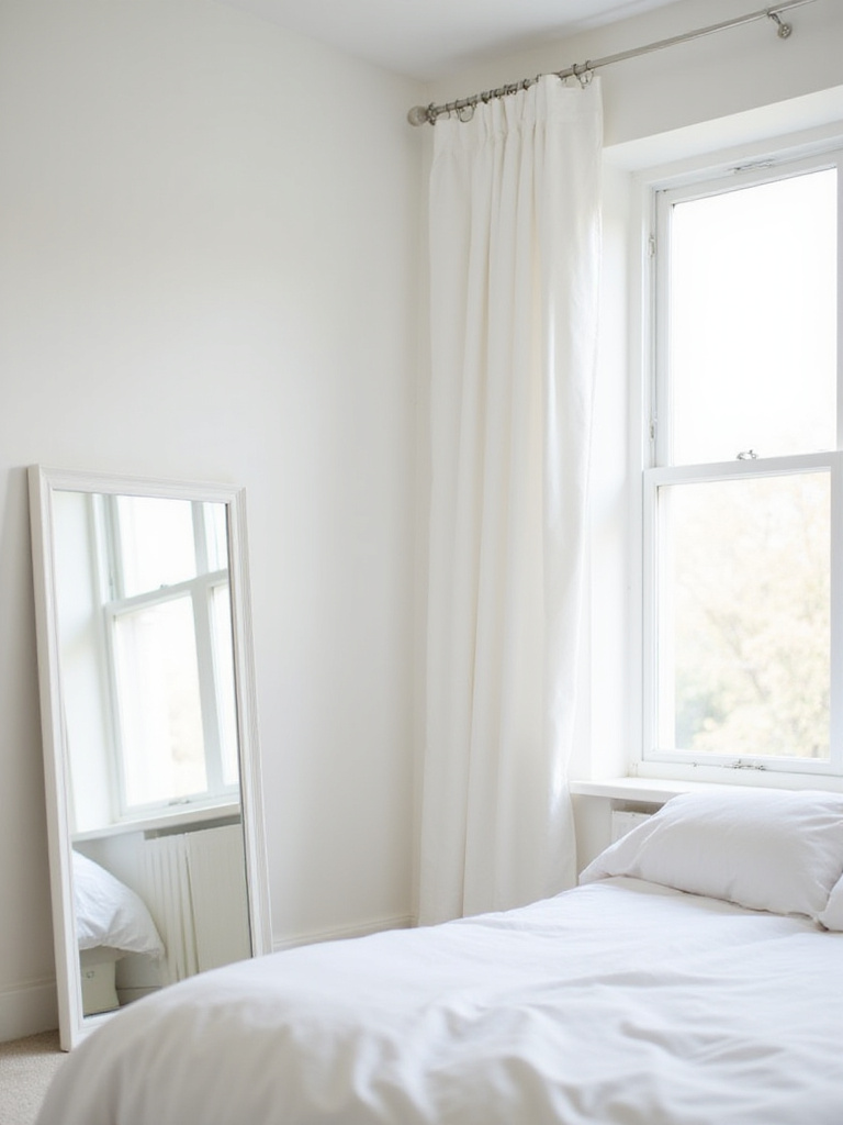 White bedroom with large white-framed mirror reflecting natural light